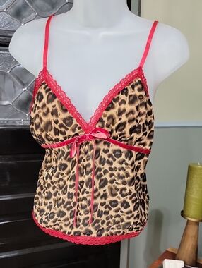 NWT Creamon Leopard Print Cami Top Red Lace Trim Velvet Bow Side Zipper Size SML